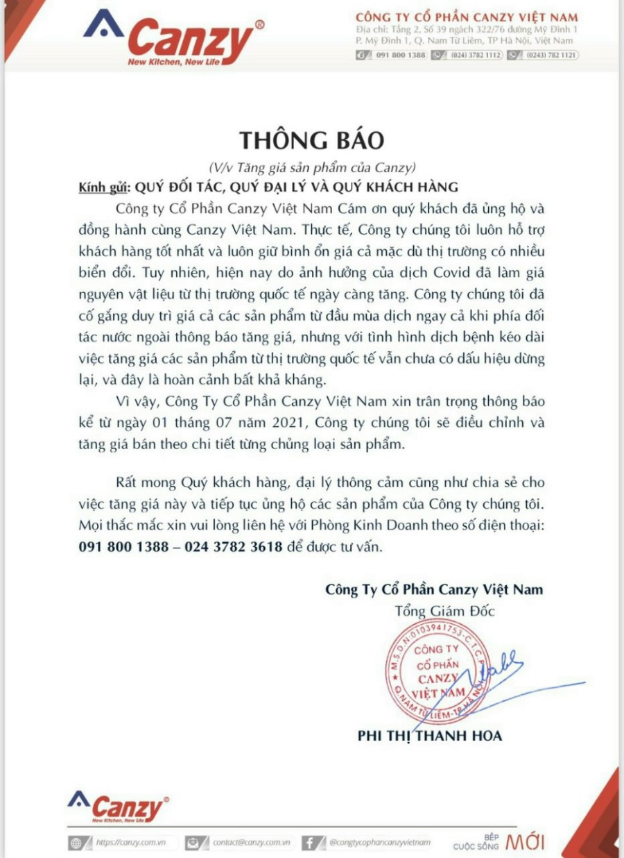Thông báo thay đổi giá sản phẩm thiết bị nhà bếp CANZY